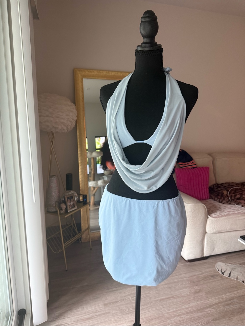 Oh Polly Light Blue Drape Front Crop Top & Mini Skirt Co-ord Set - Picture 4 of 8